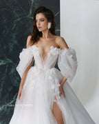 Graceful Hot Sale 3D FlowerWedding Dresses with Detachable Sleeves Wedding Gowns Sweetheart Bridal Dresses Open Back Appliqued