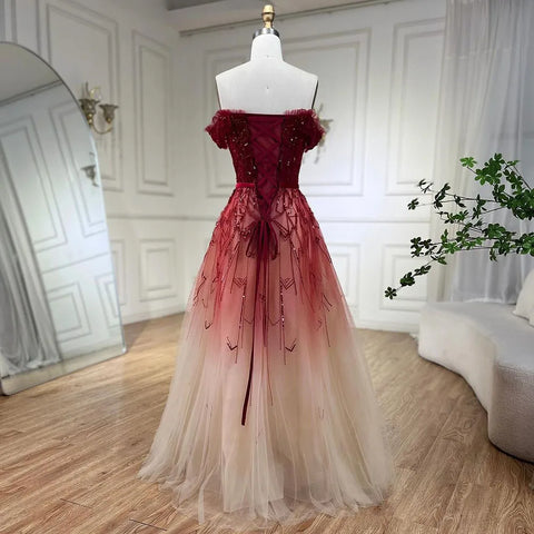 Robe de soirée sexy rouge à col bateau et paillettes, coupe trapèze, effet dégradé, modèle LA70516, 2025 