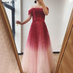 Gradual Change Red A-Line Sexy Evening Dresses 2025 Beading Sequins Boat Neck Formal Dress Design LA70516