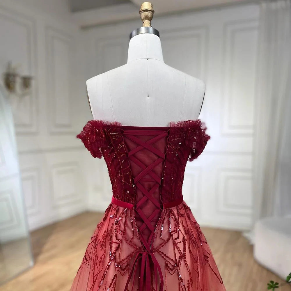Gradual Change Red A-Line Sexy Evening Dresses 2025 Beading Sequins Boat Neck Formal Dress Design LA70516