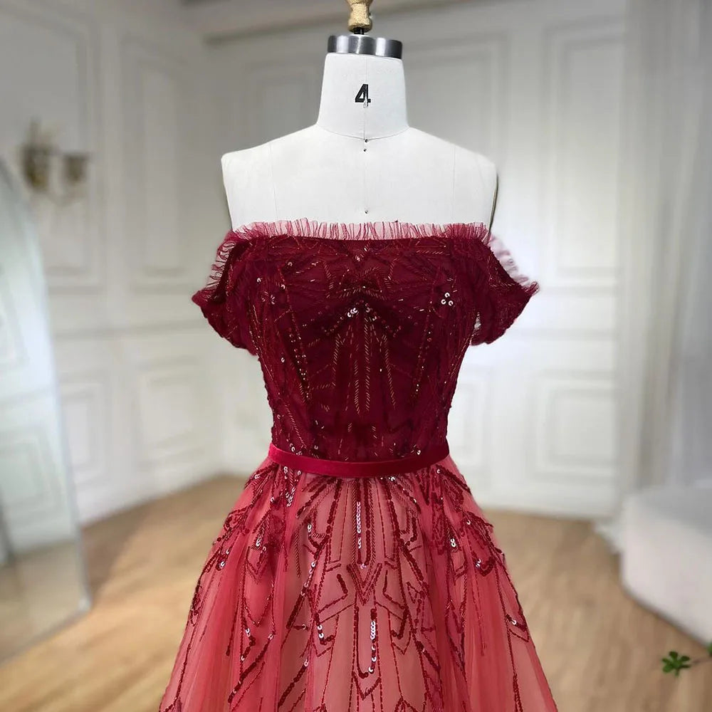 Gradual Change Red A-Line Sexy Evening Dresses 2025 Beading Sequins Boat Neck Formal Dress Design LA70516