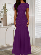 Robe sirène bleu marine foncé à sequins et tulle, décolleté rond, robe en tulle bleu marine foncé