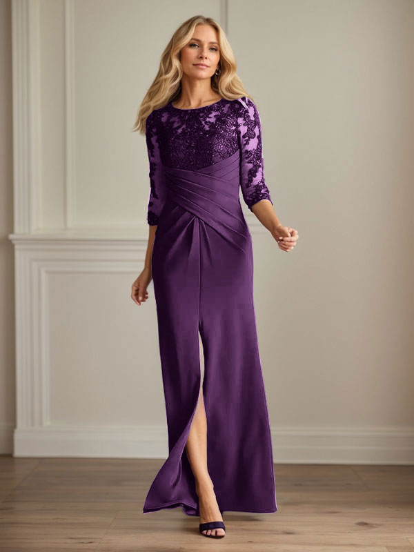 Vestido de madrina de la novia color ciruela, de encaje elástico y corte sirena. 