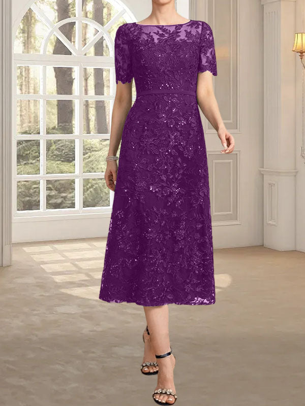 Robe de mère de la mariée en dentelle à sequins, coupe trapèze, décolleté illusion, longueur thé