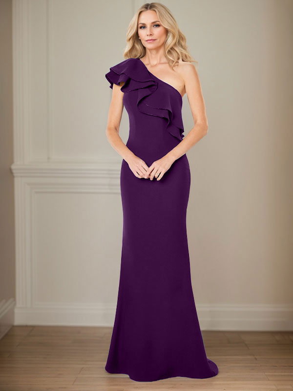Vestido de gasa de corte A, largo hasta el suelo, con un solo hombro y volantes, para la madre de la novia 
