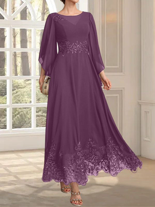Robe de mère de la mariée en mousseline de dentelle, coupe trapèze, décolleté illusion, longueur cheville, ornée de sequins 