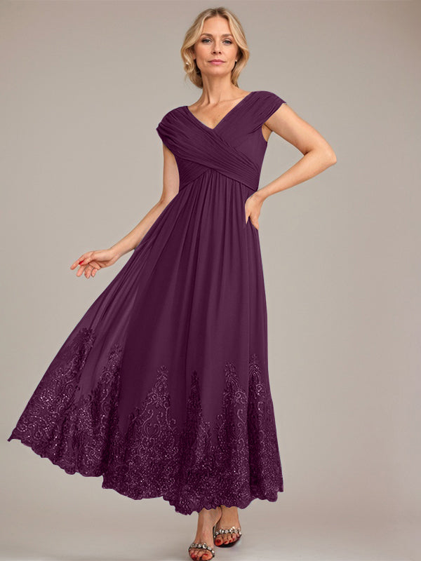 Vestido de gasa de corte evasé, escote en V, largo hasta el tobillo, para la madre de la novia, con apliques de lentejuelas. 