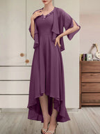 Vestido de corte A, escote en V, asimétrico, de gasa, para la madre de la novia, con lentejuelas y pedrería.