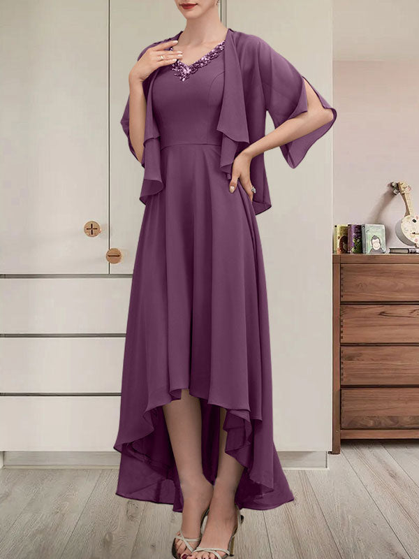 Vestido de corte A, escote en V, asimétrico, de gasa, para la madre de la novia, con lentejuelas y pedrería.