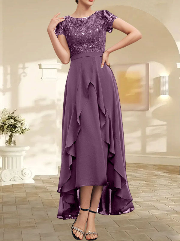 Vestido de novia asimétrico de gasa con encaje, corte en A, escote ilusión, detalle de lazo, volantes y lentejuelas para la madre de la novia 