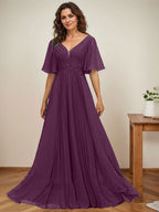 Vestido de corte A, escote en V, largo hasta el suelo, de gasa, para la madre de la novia, con apliques de lentejuelas y encaje plisado. 
