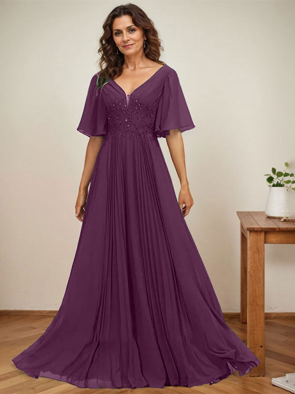 Vestido de corte A, escote en V, largo hasta el suelo, de gasa, para la madre de la novia, con apliques de lentejuelas y encaje plisado. 