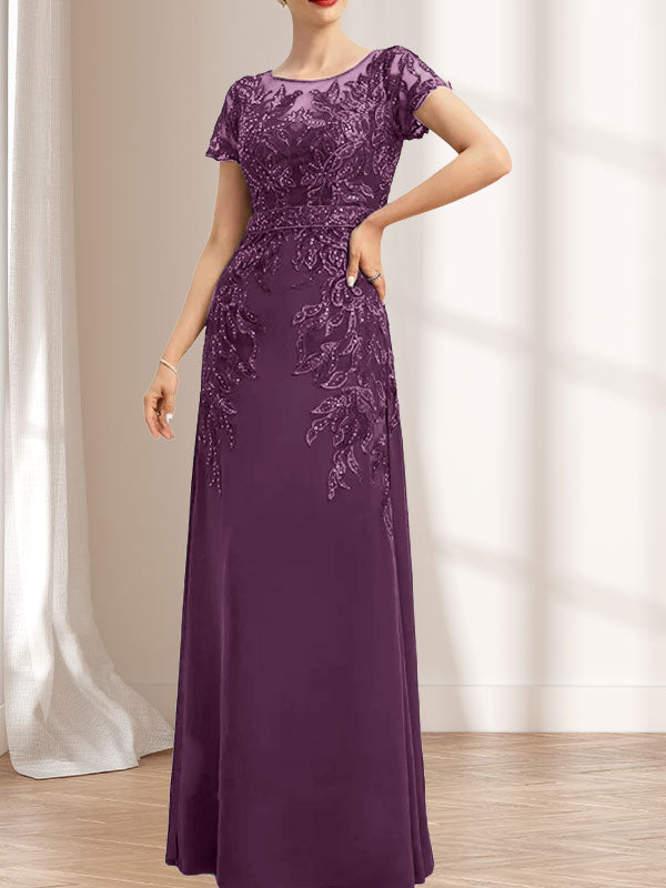 Vestido de novia de corte recto/columna, escote redondo, ilusión, largo hasta el suelo, de encaje y gasa con lentejuelas.
