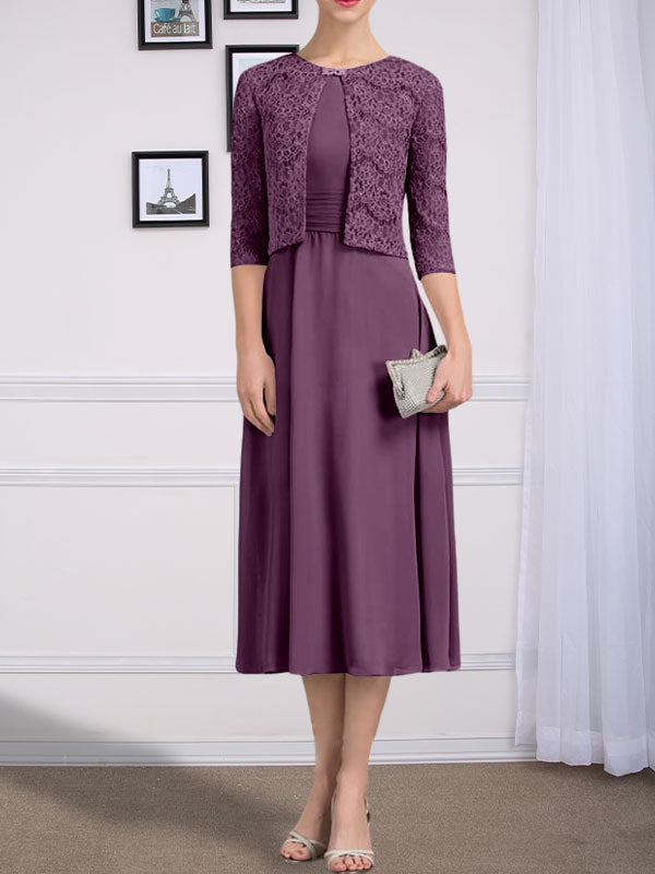 Vestido de chifón de corte línea A, largo té, para la madre de la novia, con escote redondo y pliegues.