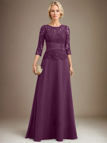 A-line Scoop Illusion Floor-Length Chiffon Lace Mother of the Bride Dress With Pleated Sequins Beading