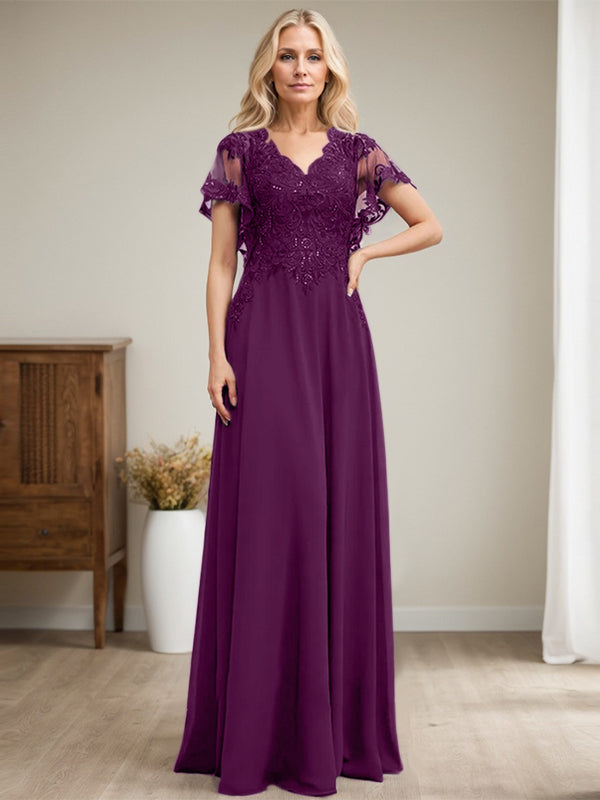 Vestido de novia de corte A, escote en V, largo hasta el suelo, de gasa de encaje con lentejuelas para la madre de la novia 