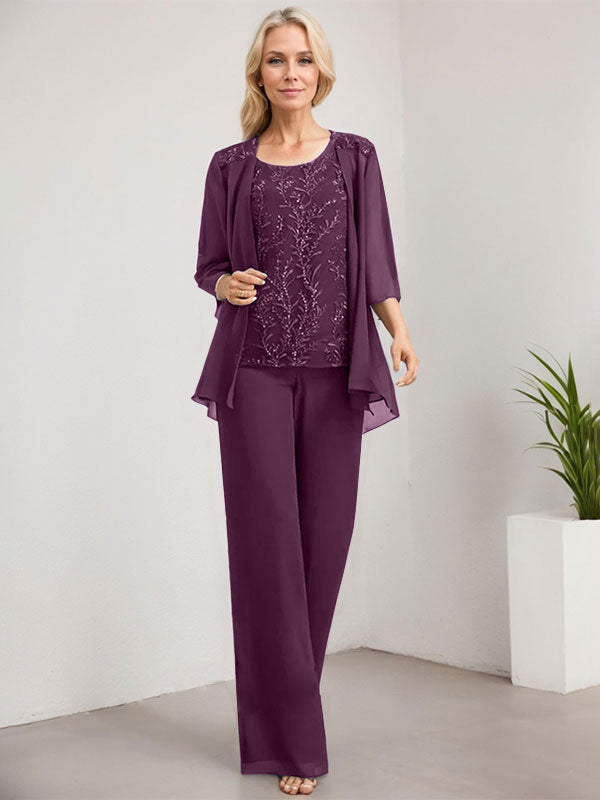 Vestido de novia de gasa con encaje y lentejuelas, estilo mono/pantalón, largo hasta el suelo, con escote redondo.
