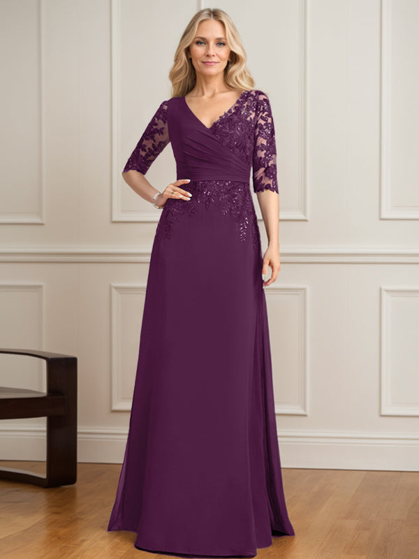 Vestido de novia de corte A, escote en V, largo hasta el suelo, de gasa de encaje con lentejuelas plisadas. 