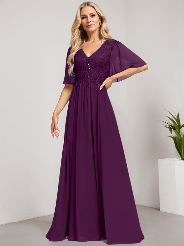 Vestido de novia de corte A, escote en V, largo hasta el suelo, de gasa de encaje con lentejuelas para la madre de la novia 