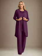 Tailleur-pantalon en mousseline à manches longues et col rond pour la mère de la mariée, avec veste 