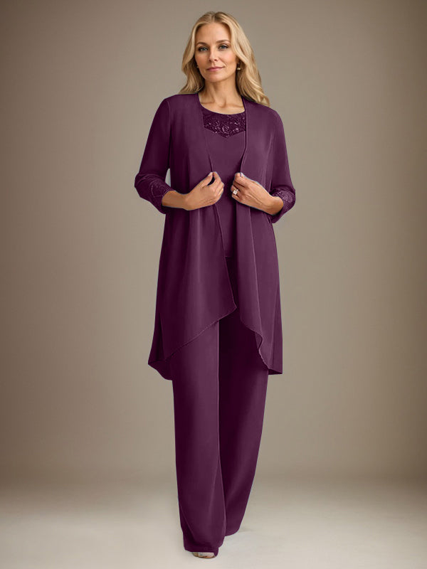 Traje pantalón de gasa con escote redondo y mangas largas para la madre de la novia, con chaqueta. 
