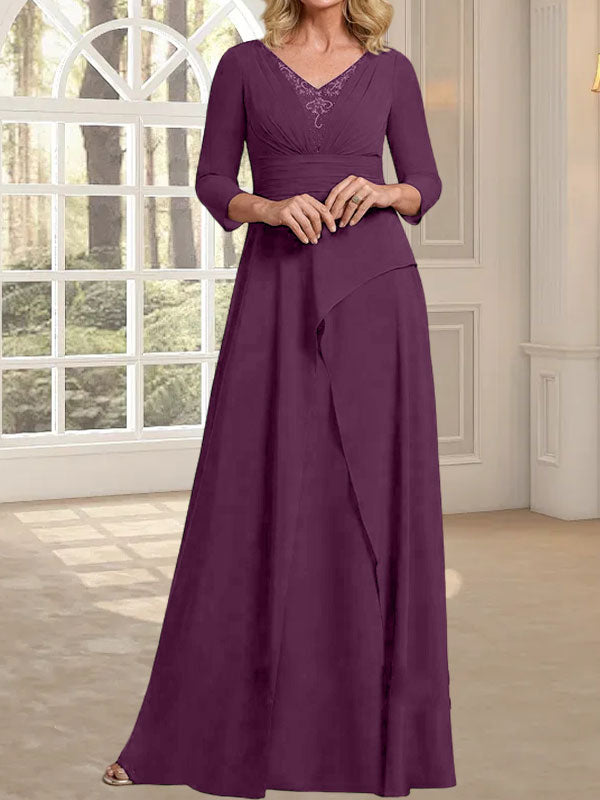 Vestido de gasa de corte A, escote en V, largo hasta el suelo, para la madre de la novia, con plisados ​​y cuentas.
