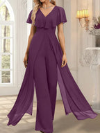 Combinaison-pantalon robe de soirée longue en mousseline à col en V