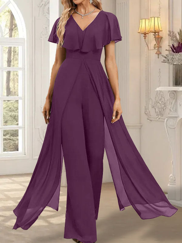 Combinaison-pantalon robe de soirée longue en mousseline à col en V