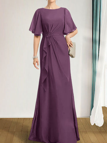 A-line Scoop Floor-Length Chiffon Mother of the Bride Dress With Cascading Ruffles Beading Sequins