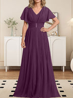 Vestido de gasa de corte A, escote en V, largo hasta el suelo, para la madre de la novia, con broche de cristal y pliegues. 
