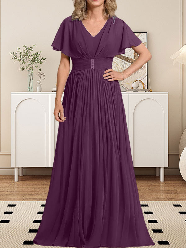 Vestido de gasa de corte A, escote en V, largo hasta el suelo, para la madre de la novia, con broche de cristal y pliegues. 