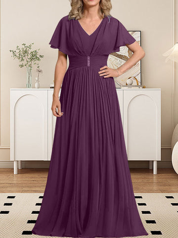 A-line V-Neck Floor-Length Chiffon Mother of the Bride Dress With Crystal Brooch Pleated