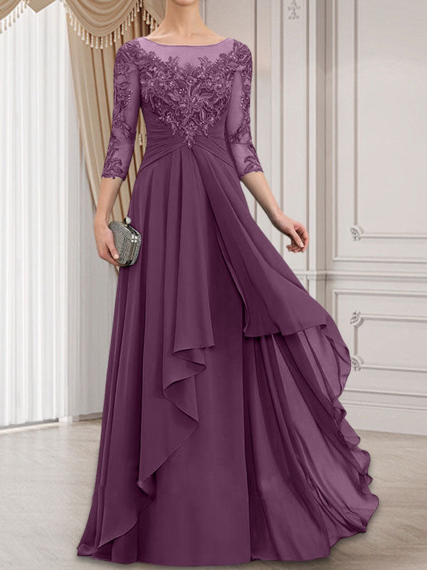 Vestido de novia de corte línea A, escote redondo ilusión, largo hasta el suelo, de gasa de encaje con volantes en cascada.