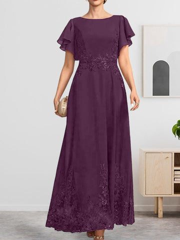 A-line Scoop Ankle-Length Lace Chiffon Mother of the Bride Dress With Sequins