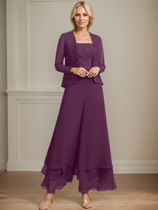 Conjunto de pantalón y chaqueta de dos piezas, corte cuadrado, largo hasta el tobillo, encaje, gasa, vestido de madre de la novia con lentejuelas 