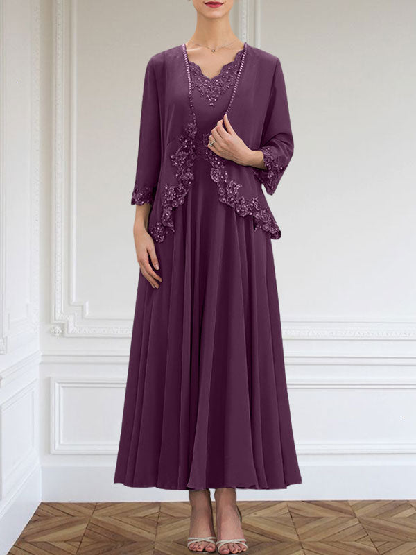 Vestido de corte A, escote en V, largo hasta el tobillo, de gasa, para la madre de la novia, con apliques de lentejuelas, encaje y pedrería.