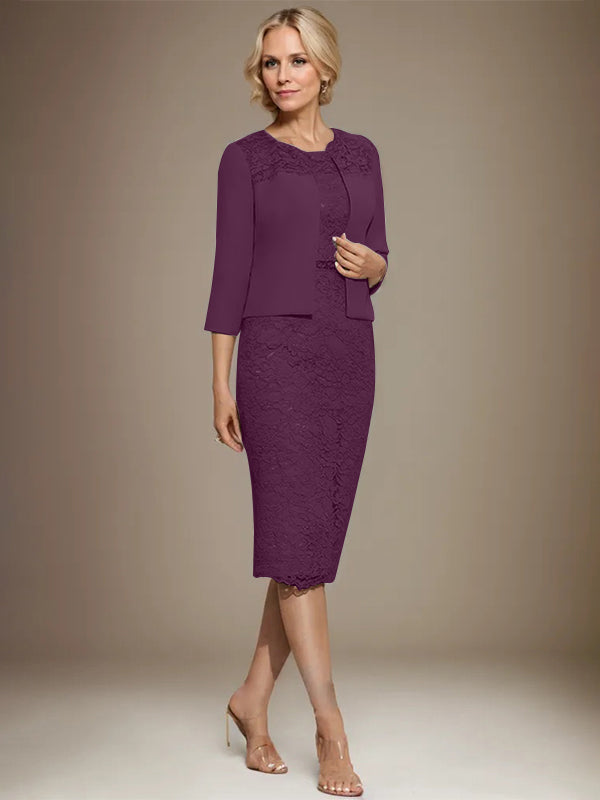 Vestido de novia de gasa con encaje, corte recto y escote redondo hasta la rodilla, con pedrería, para la madre de la novia. 