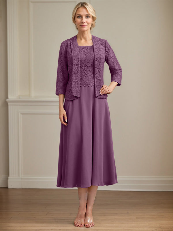 Vestido de corte A con escote redondo y largo hasta la rodilla en gasa de encaje para la madre de la novia 