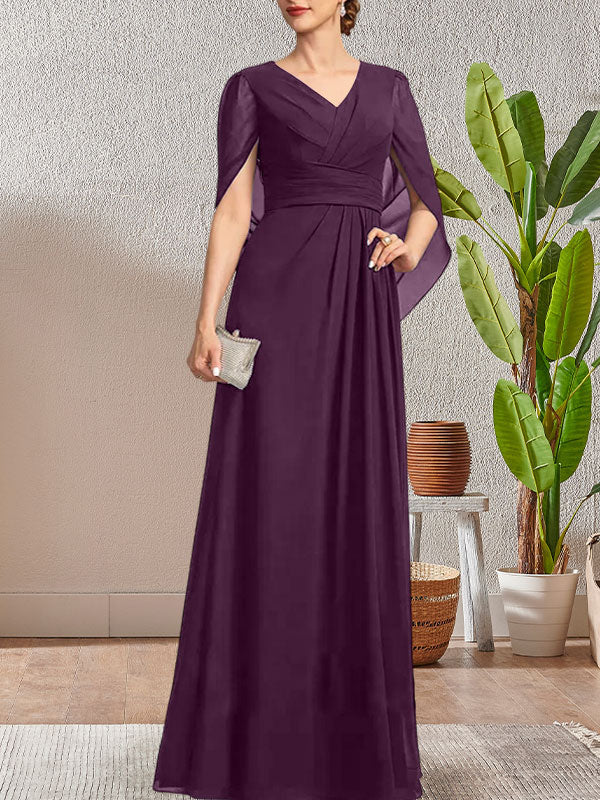 Vestido largo azul marino oscuro de corte A con escote en V para la madre de la novia