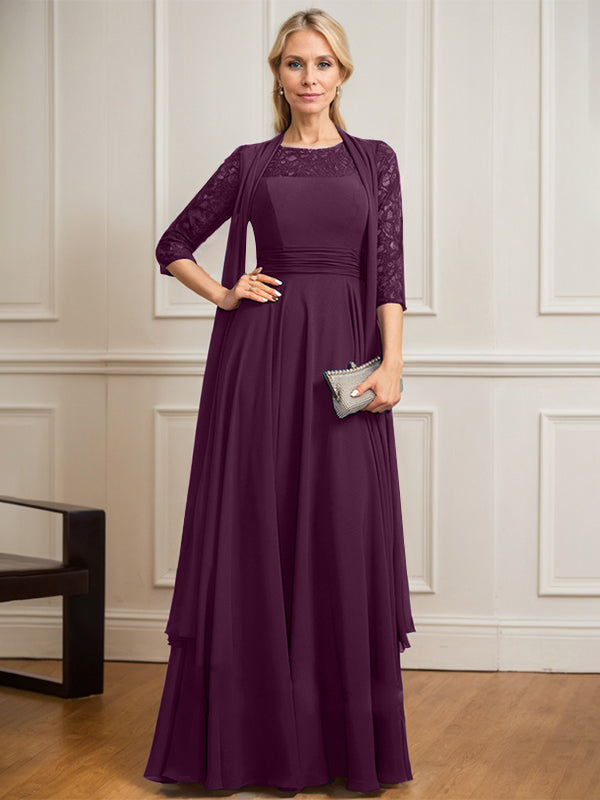 Vestido de novia de corte A, escote redondo ilusión, largo hasta el suelo, de gasa de encaje con pliegues. 