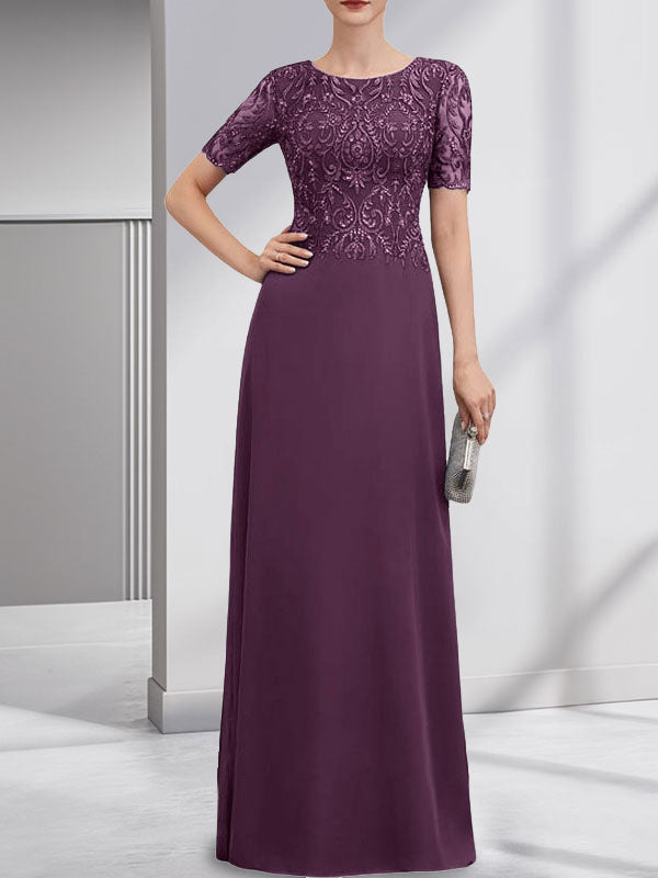Vestido de novia de corte línea A, escote redondo, largo hasta el suelo, de encaje y gasa con lentejuelas.