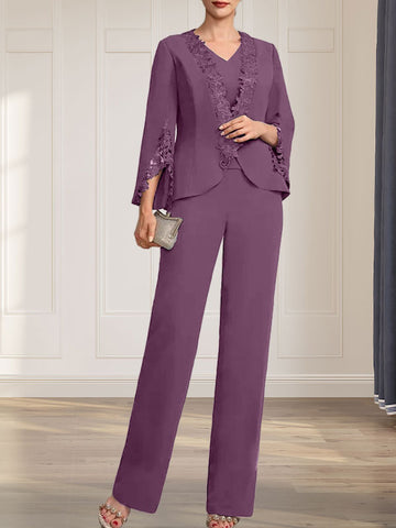 Separates Jumpsuit/Pantsuit V-Neck Floor-Length Chiffon Mother of the Bride Dress