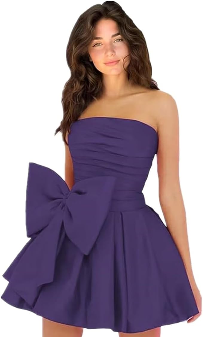 Robes de soirée courtes et chics pour le bal de promo, coupe trapèze, sans manches, bustier, froncées, lacées et ornées d'un nœud.