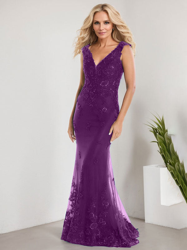 Vestido de sirena para la madre de la novia, corte sirena, escote en V, largo hasta el suelo, de gasa de encaje con apliques de lentejuelas. 