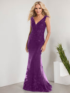Vestido de sirena para la madre de la novia, corte sirena, escote en V, largo hasta el suelo, de gasa de encaje con apliques de lentejuelas. 