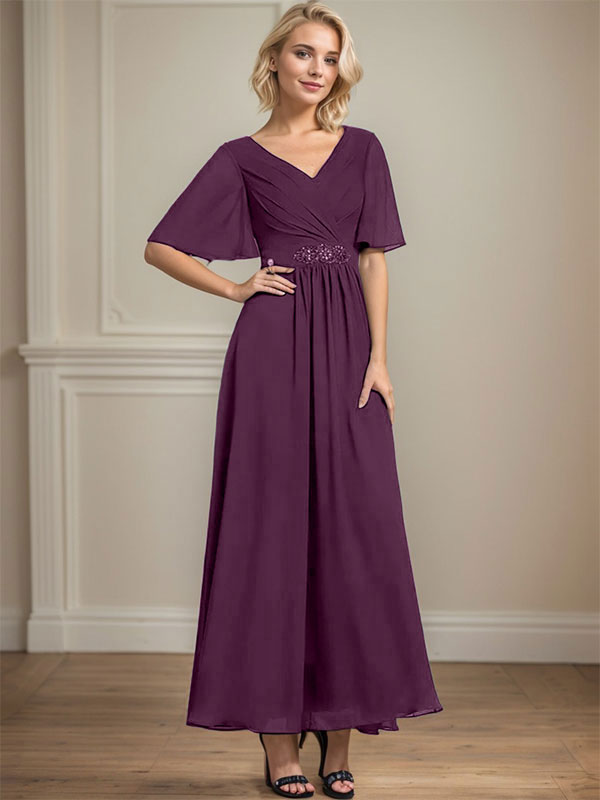 Vestido de gasa de corte A, escote en V, largo hasta el tobillo, para la madre de la novia, con lentejuelas y cuentas plisadas.