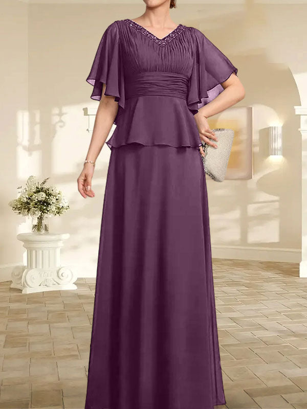 Vestido de gasa de corte A, escote en V, largo hasta el suelo, para la madre de la novia, con plisados ​​y cuentas.