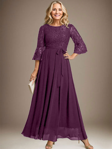 A-line Scoop Ankle-Length Lace Chiffon Mother of the Bride Dress With Bow