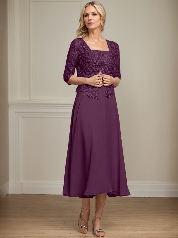 Vestido de corte A, largo midi, de gasa, encaje y lentejuelas para la madre de la novia. 