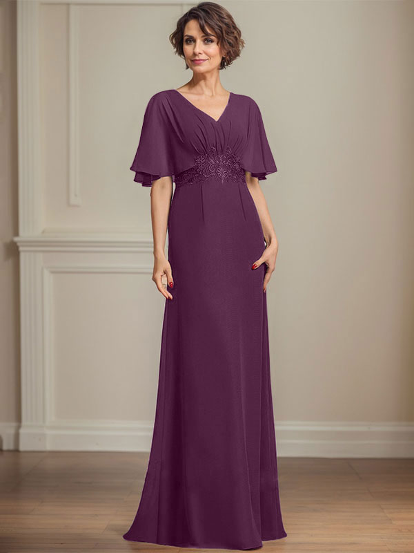Vestido de corte A, escote en V, largo hasta el suelo, de gasa, para la madre de la novia, con apliques de lentejuelas plisadas y encaje.